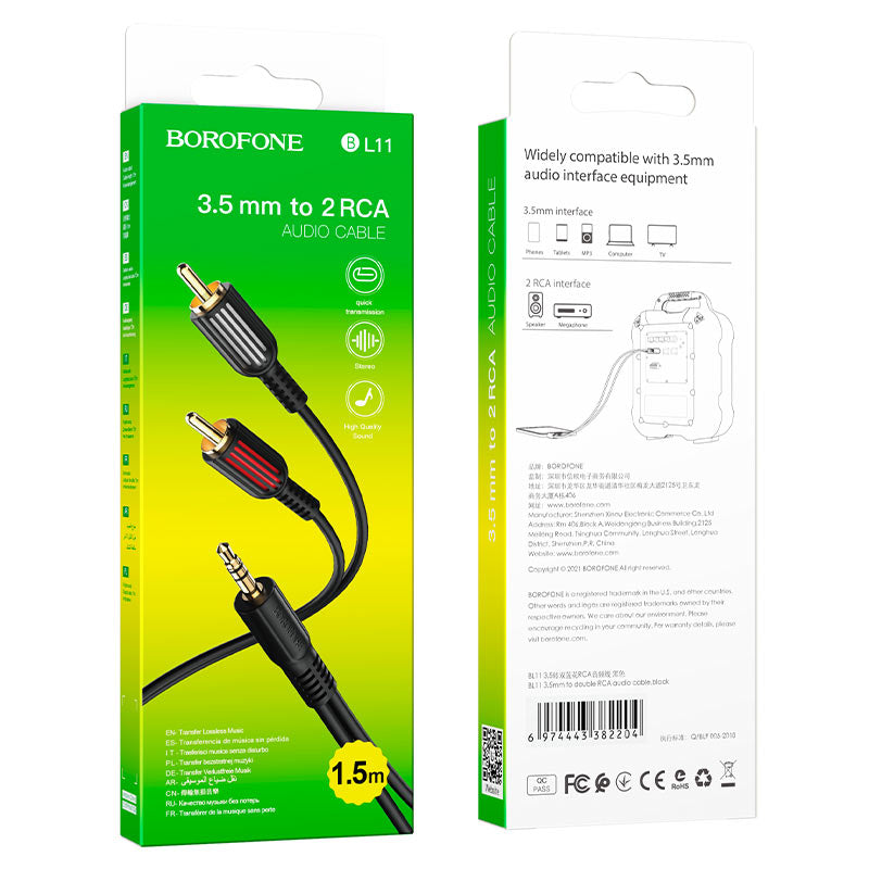 BL11 - כבל חיבור 3.5 מ"מ ל- 2 חיבורי RCA